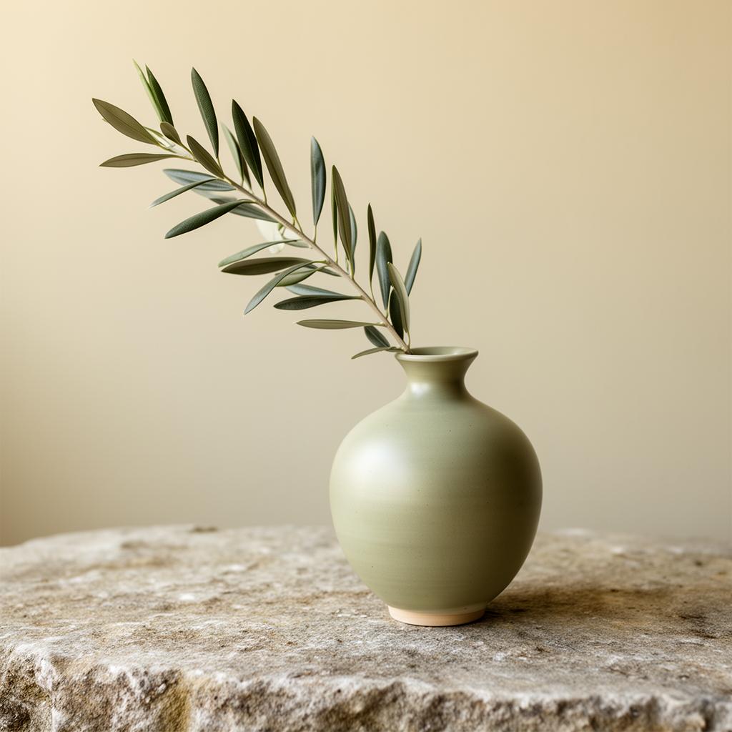 A small ceramic vase with a sprig of olive branch on a stone surface
