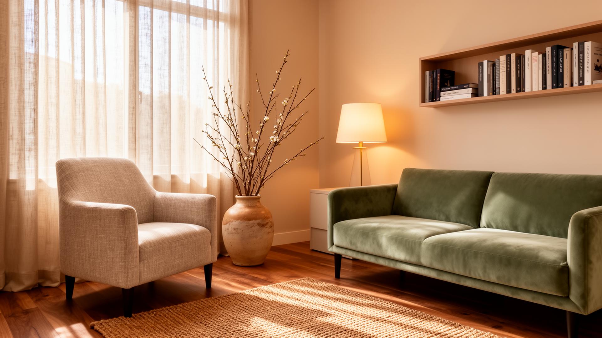 A warm, sunlit therapy office with a sage sofa